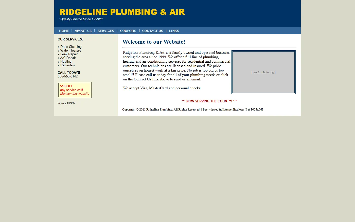 Dated version of the same website with a table layout and tiny text